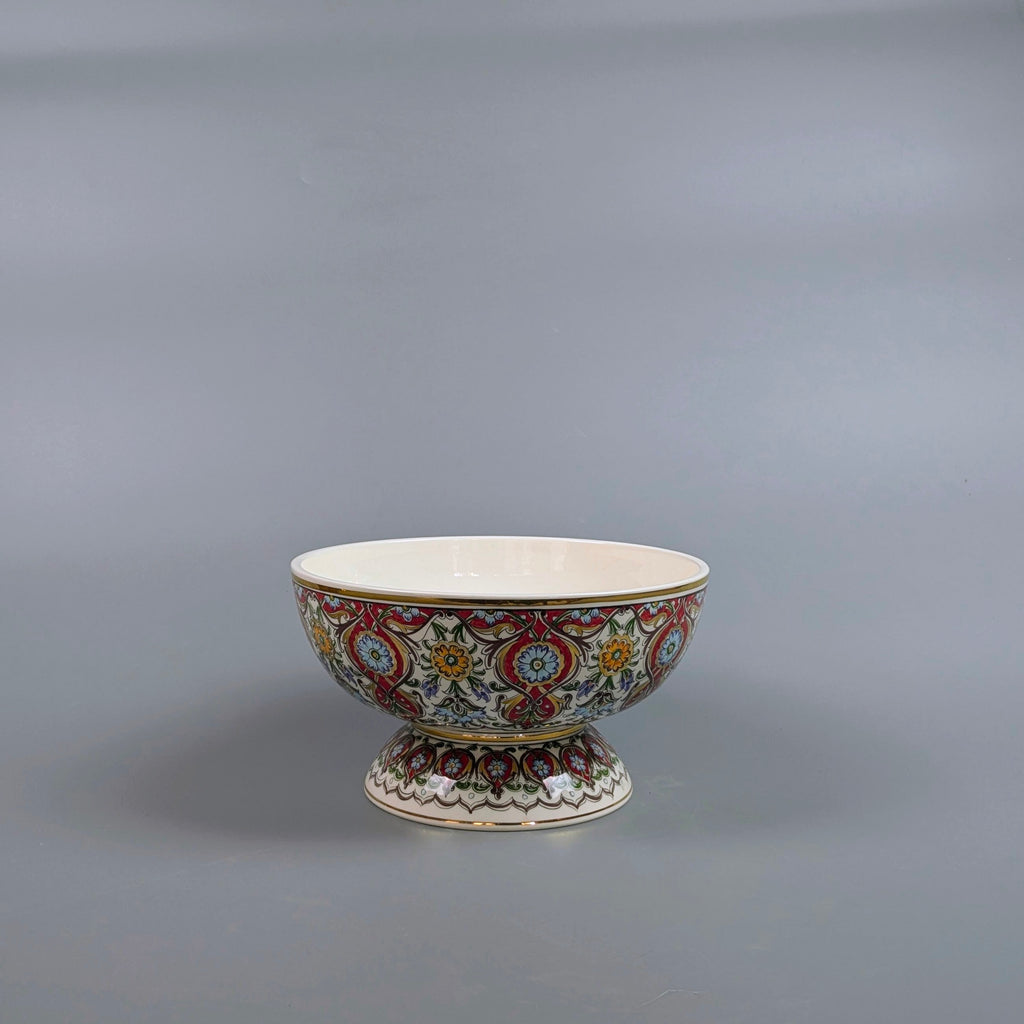Decorative ceramic bowl with intricate patterns on a gray background