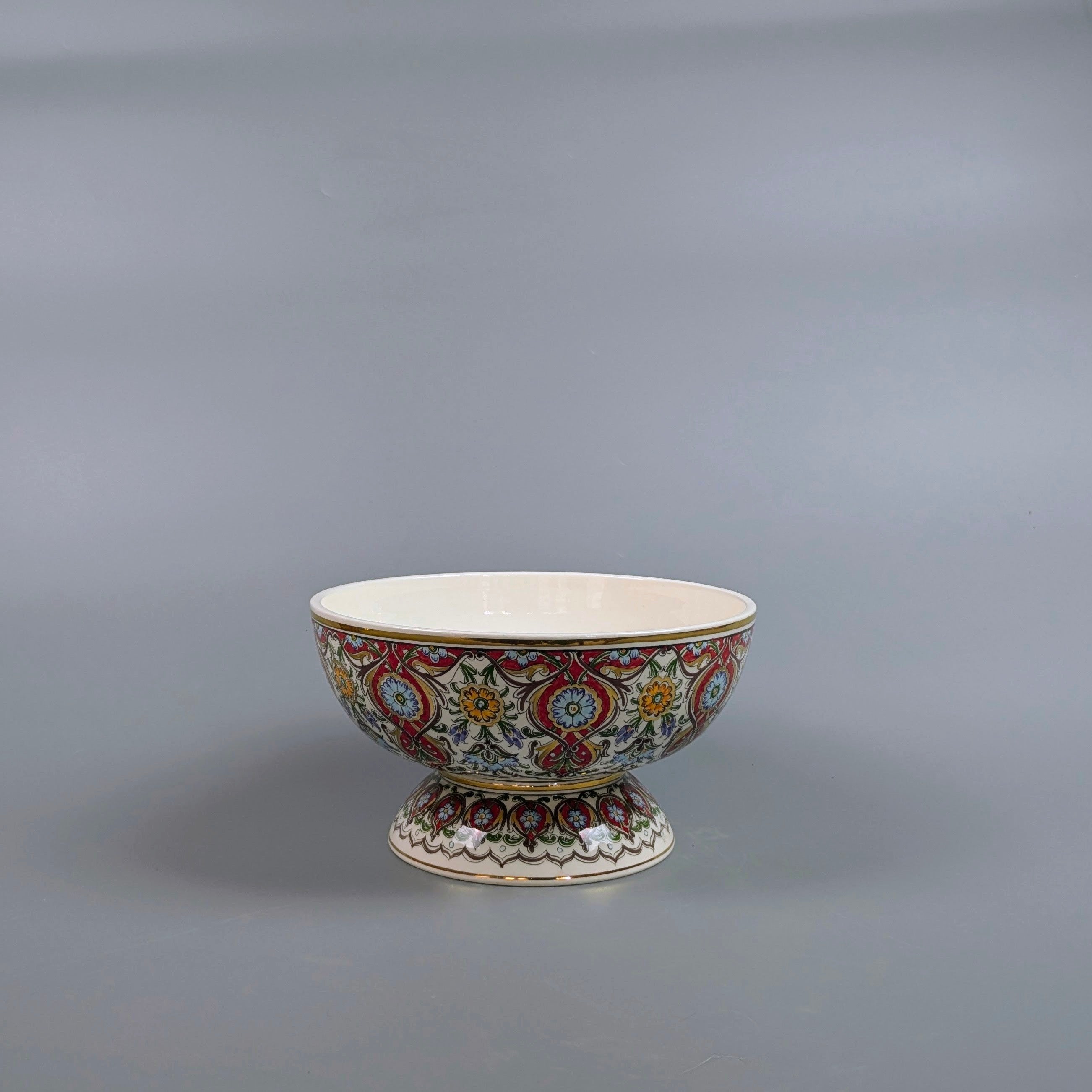 Decorative ceramic bowl with intricate patterns on a gray background