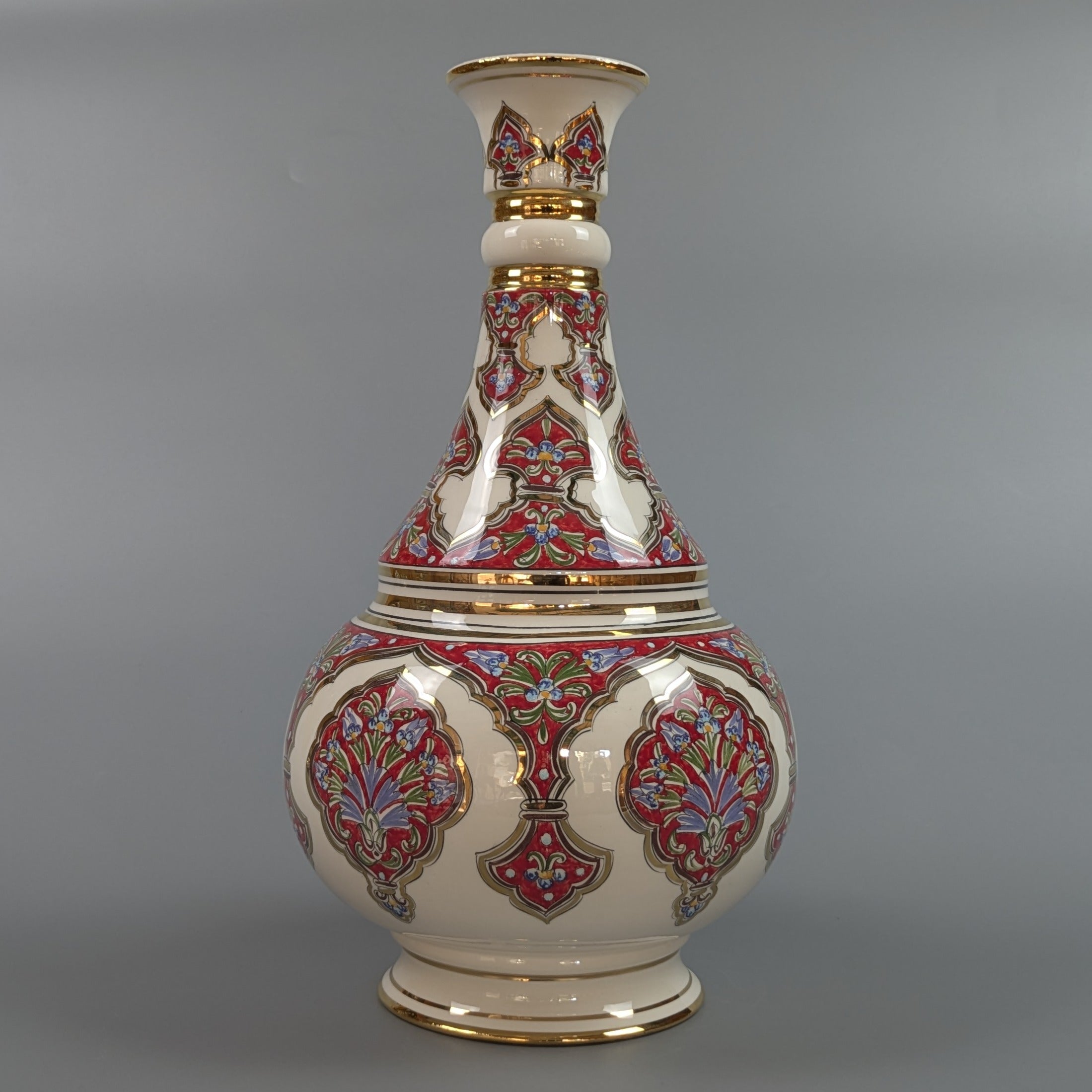 Decorative vase with intricate patterns on a gray background